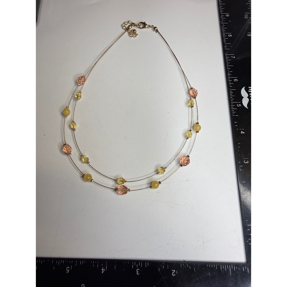 Gold Tone Double Strand Floating Bead Necklace Peach Yellow Faceted Accents